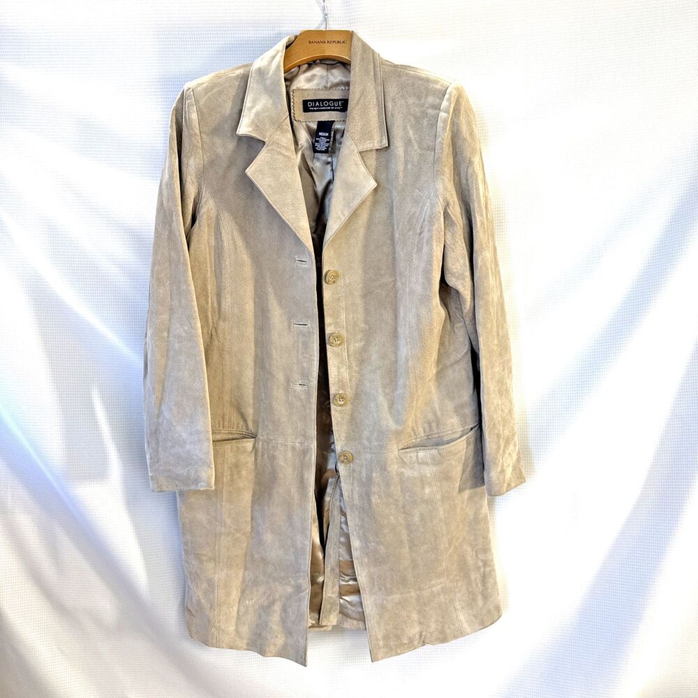 Vintage Dialogue Women's Tan Color Genuine Suede Leather Jacket Trenchcoat - M
